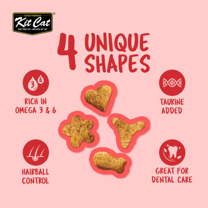 Kit Cat Kitty Crunch Beef infographic showing four treat shapes, omega 3 and 6, taurine, hairball control and dental care