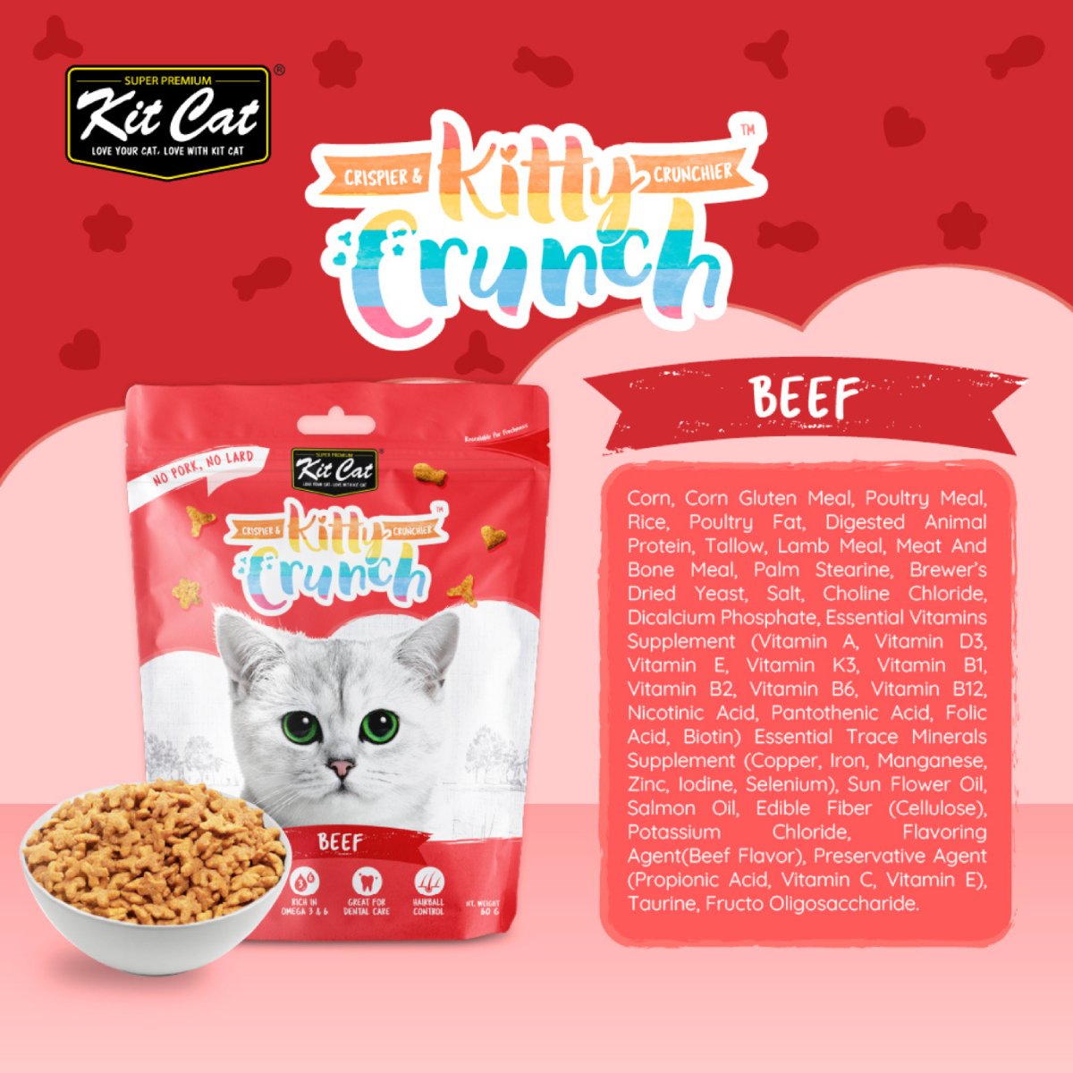 Kit Cat Kitty Crunch Beef ingredients infographic with product pouch and ingredient list