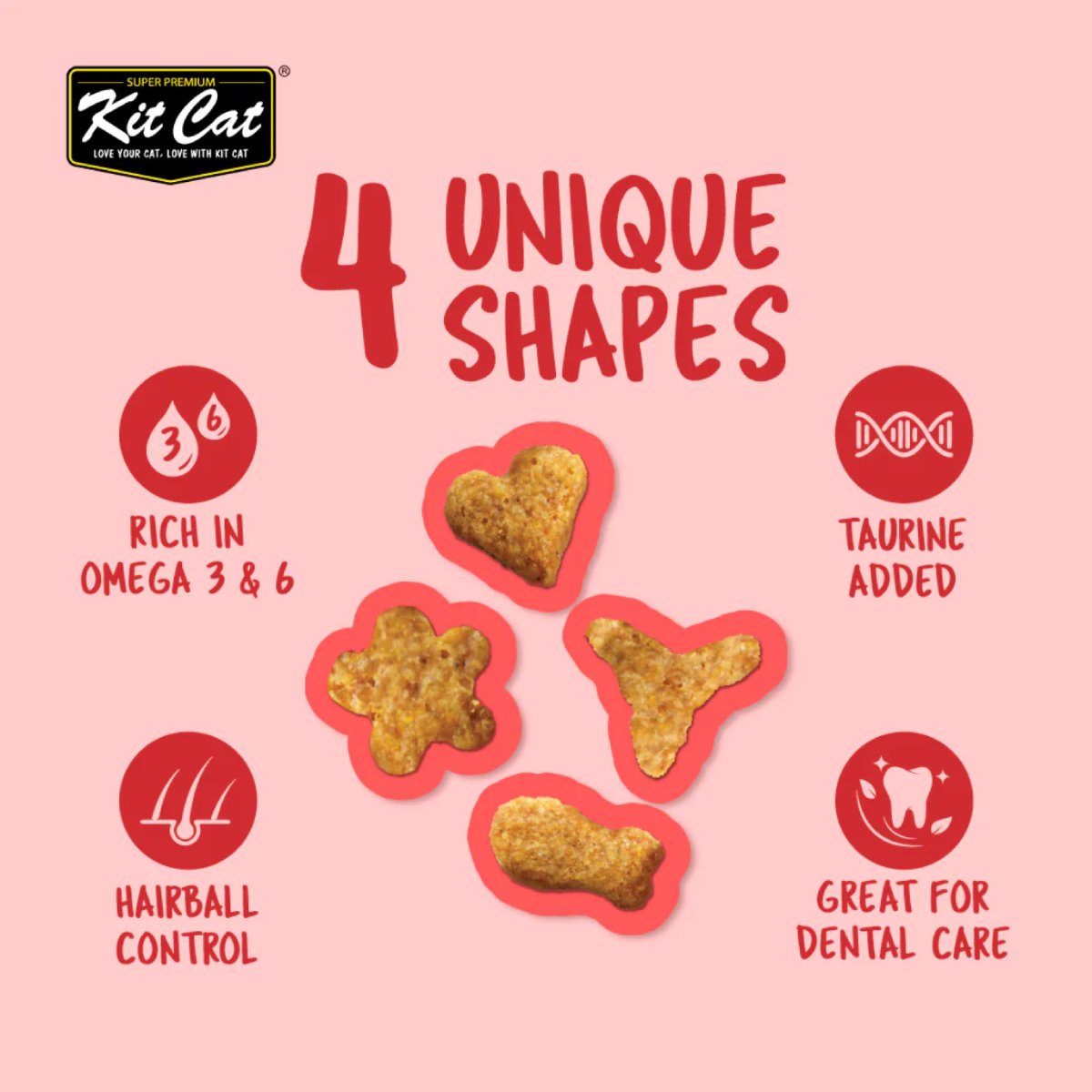 Four Kit Cat Kitty Crunch Beef treat shapes with taurine Omega 3 and 6 hairball and dental-care benefits
