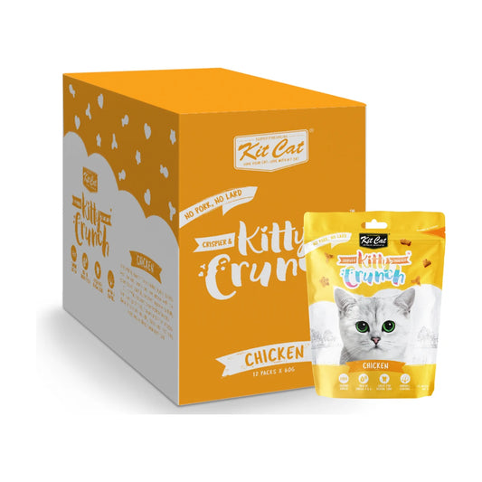 Kit Cat Kitty Crunch Chicken Cat Treats carton containing 12 x 60g pouches with one individual pouch displayed in front