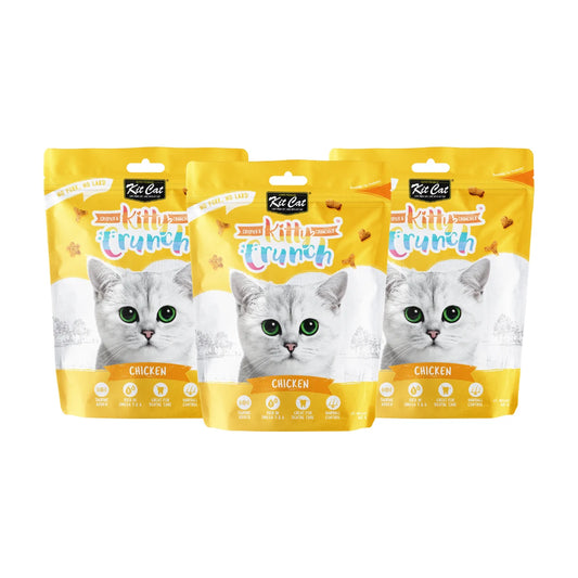 Three 60g pouches of Kit Cat Kitty Crunch Chicken crunchy cat treats