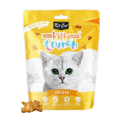 Kit Cat Kitty Crunch Chicken 60g cat treat pouch with crunchy shaped treats displayed in front