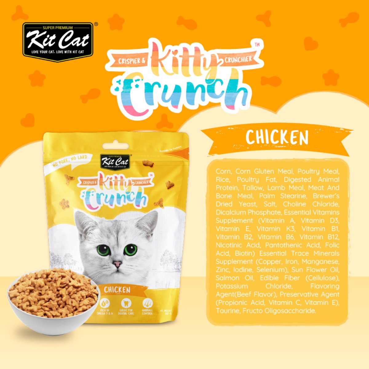 Kit Cat Kitty Crunch Chicken Cat Treats single 60g pouch with chicken flavour ingredients