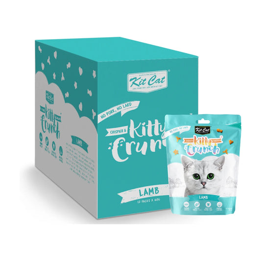 Kit Cat Kitty Crunch Lamb Cat Treats 12 x 60g box with one pouch shown