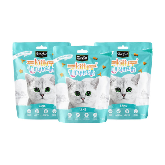 Three pouches of Kit Cat Kitty Crunch Lamb cat treats in the 3 x 60g bundle