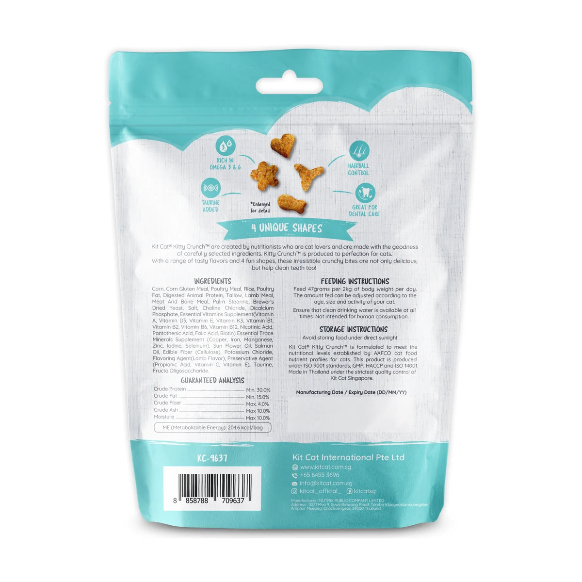 Back of Kit Cat Kitty Crunch Lamb 60g pouch with ingredients, analysis and feeding information