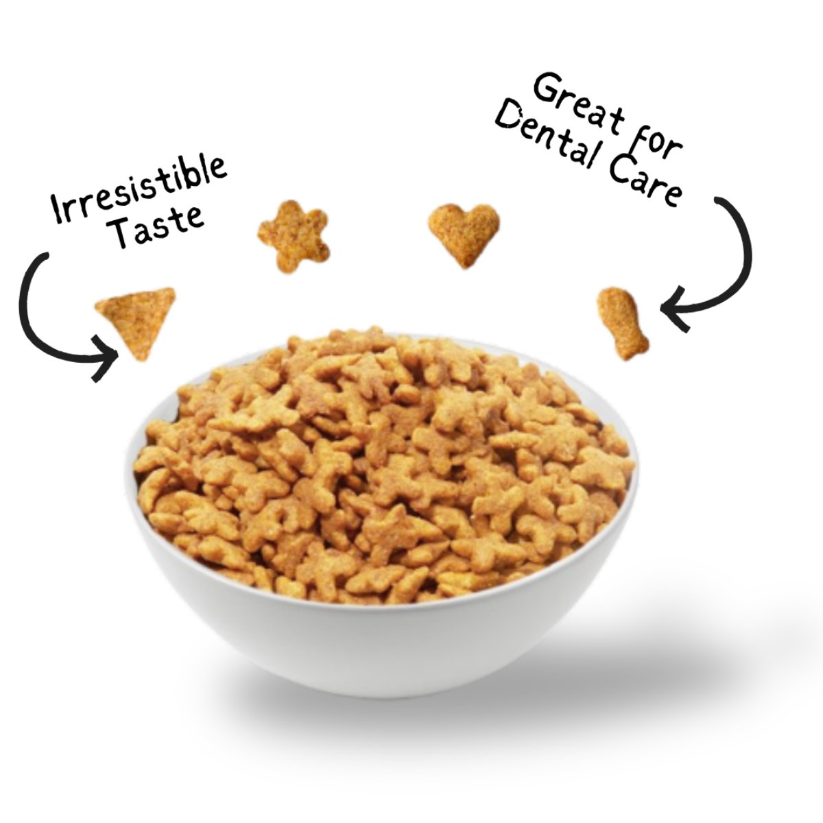 Bowl of Kit Cat Kitty Crunch Lamb cat treats showing the four crunchy shapes