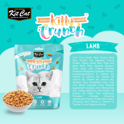 Kit Cat Kitty Crunch Lamb ingredients displayed beside the 60g treat pouch