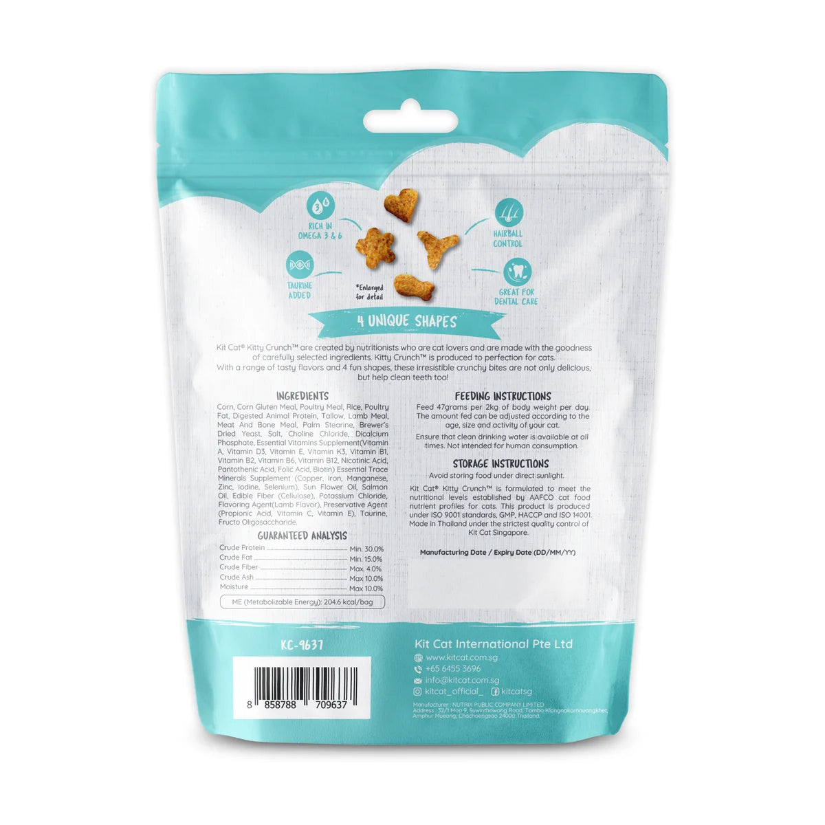 Back of Kit Cat Kitty Crunch Lamb Cat Treats single 60g pouch with feeding and nutritional details