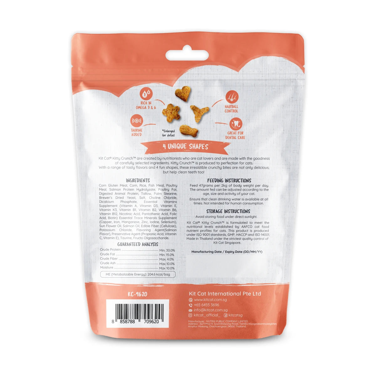 Back of Kit Cat Kitty Crunch Salmon 60g pouch with ingredients and product information