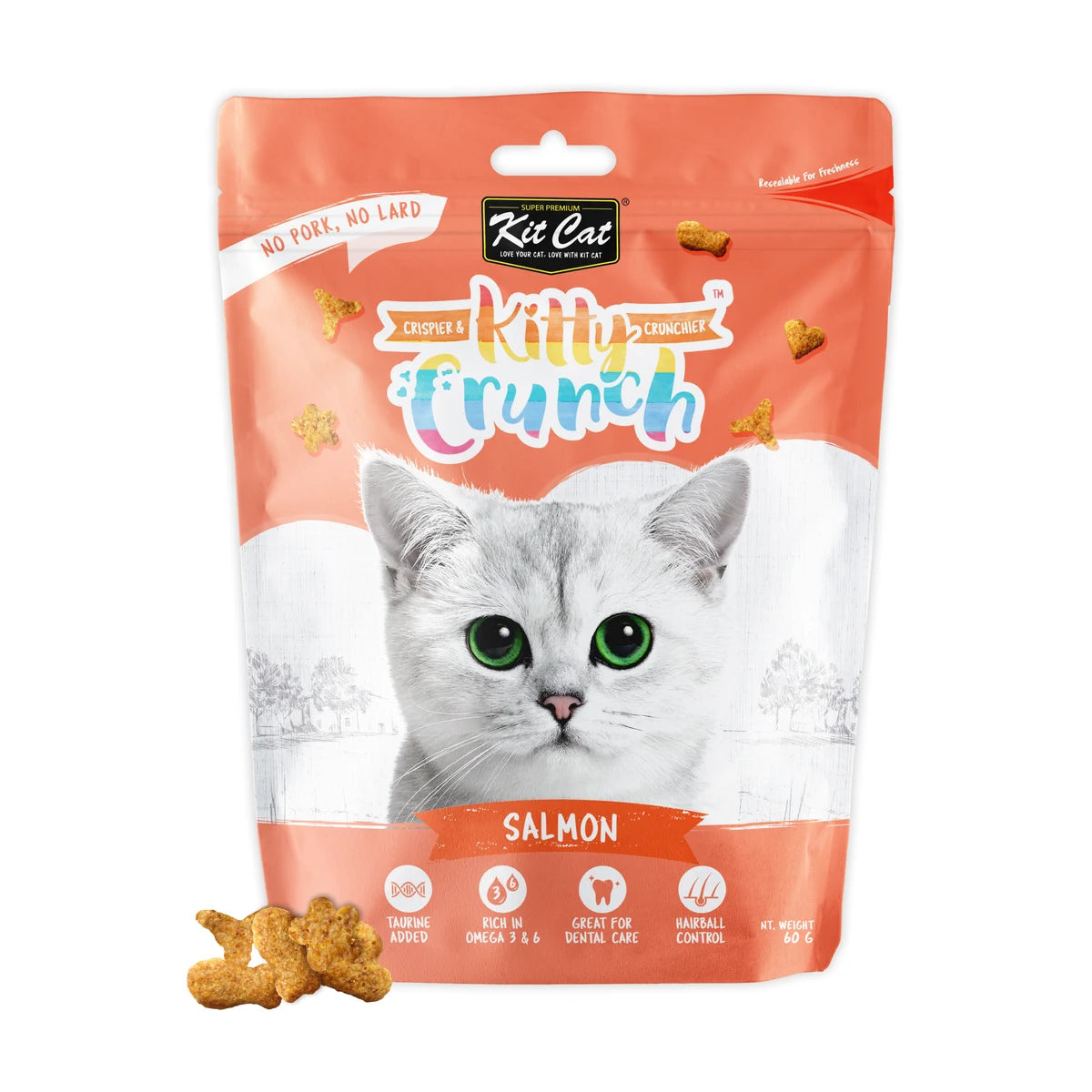 Front of Kit Cat Kitty Crunch Salmon 60g crunchy cat treat pouch