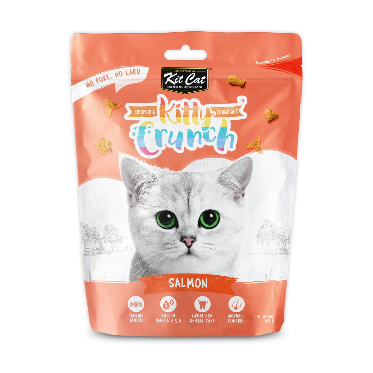 Front view of Kit Cat Kitty Crunch Salmon Cat Treats single 60g resealable pouch