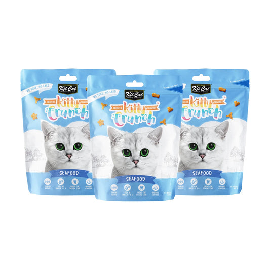 Kit Cat Kitty Crunch Seafood Cat Treats 3 x 60g bundle showing three resealable pouches