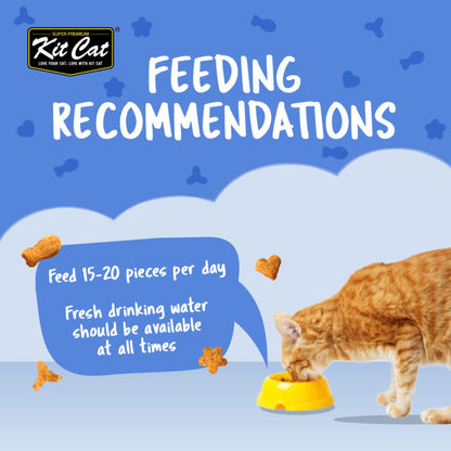 Kit Cat Kitty Crunch Seafood feeding recommendation of 15 to 20 pieces per day with fresh drinking water