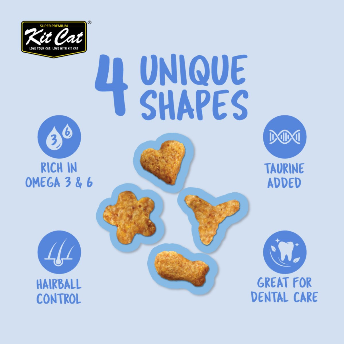 Kit Cat Kitty Crunch Seafood four treat shapes with Omega 3 and 6, taurine, hairball control and dental-care benefits