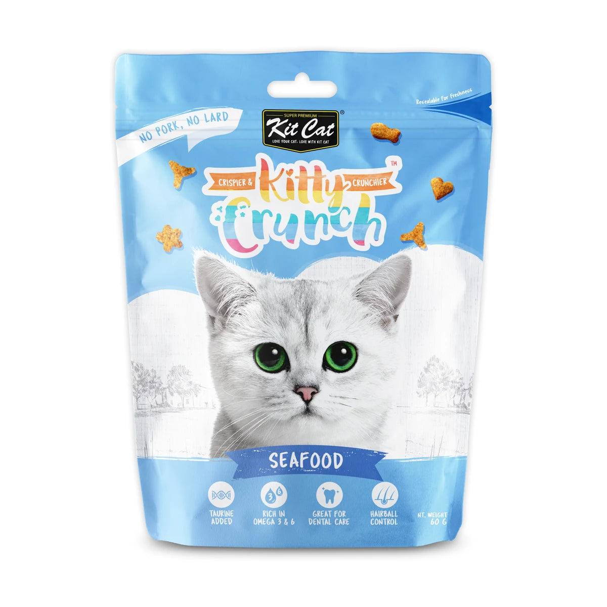 Front view of Kit Cat Kitty Crunch Seafood Cat Treats single 60g resealable pouch