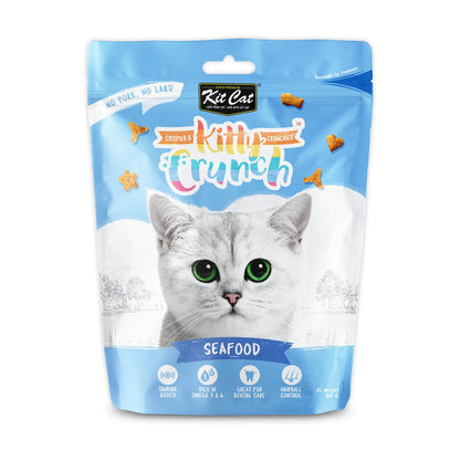 Front view of Kit Cat Kitty Crunch Seafood Cat Treats single 60g resealable pouch