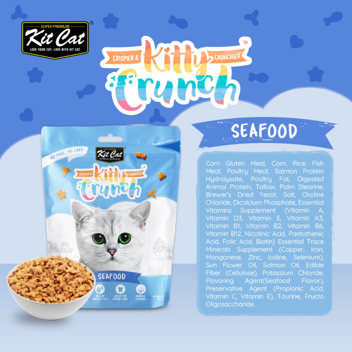 Kit Cat Kitty Crunch Seafood single 60g pouch with seafood flavour ingredients information