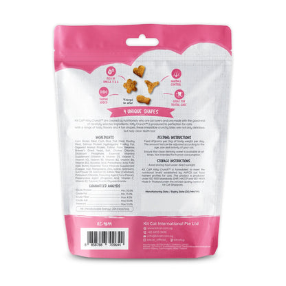 Back of Kit Cat Kitty Crunch Tuna 60g cat treat pouch showing ingredients and nutritional information