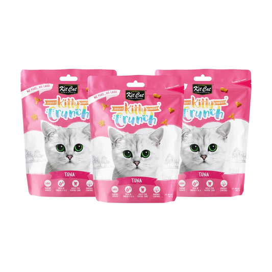 Kit Cat Kitty Crunch Tuna Cat Treats 3 x 60g bundle showing three resealable pouches