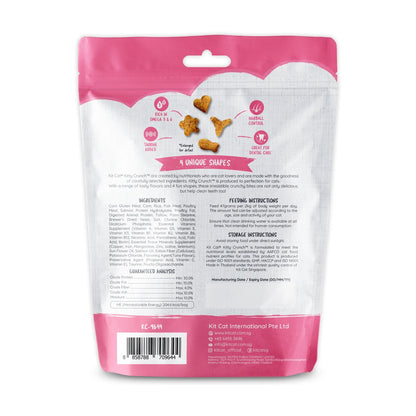 Back of Kit Cat Kitty Crunch Tuna 60g pouch with ingredients analysis and feeding details