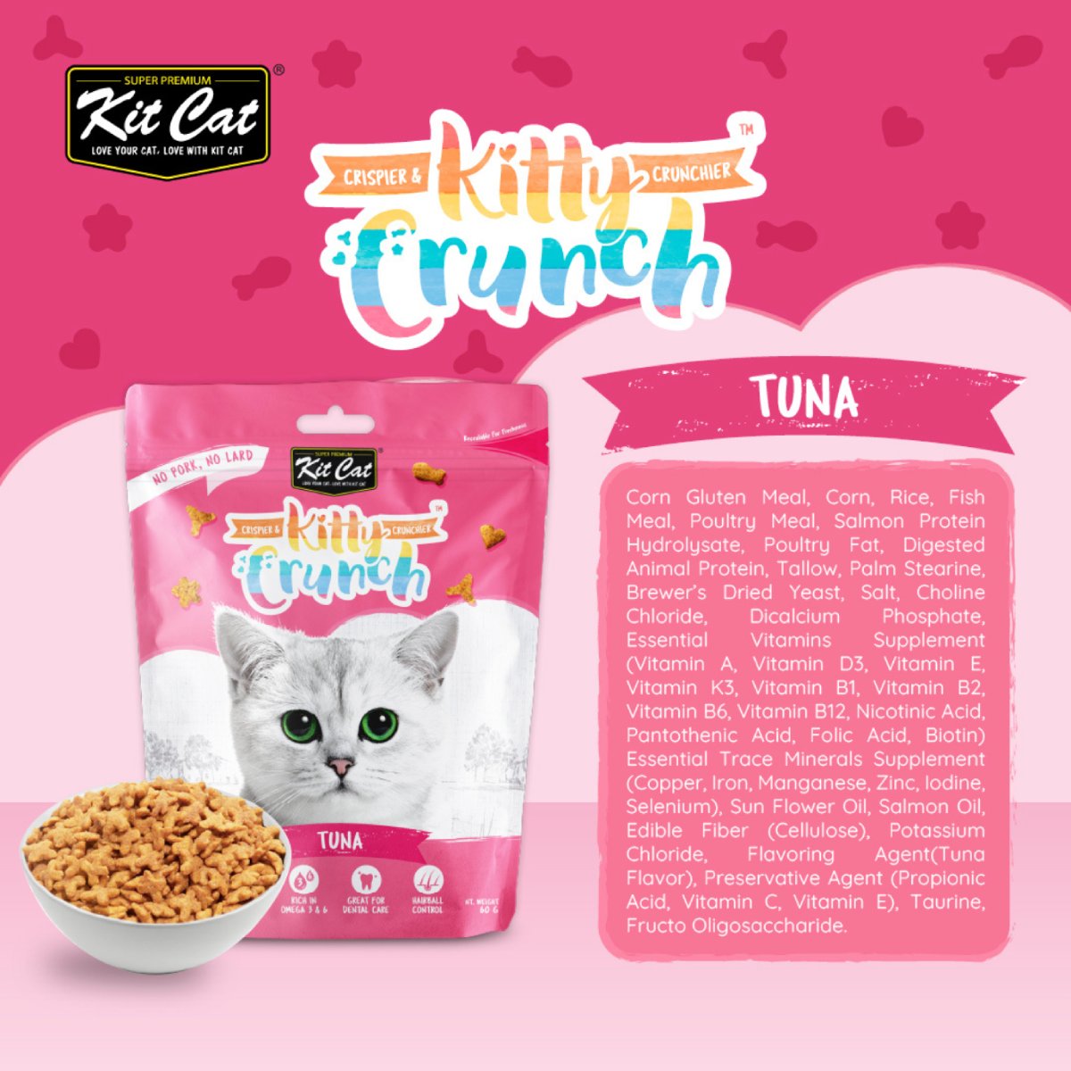 Kit Cat Kitty Crunch Tuna Cat Treats single 60g pouch with tuna ingredients information