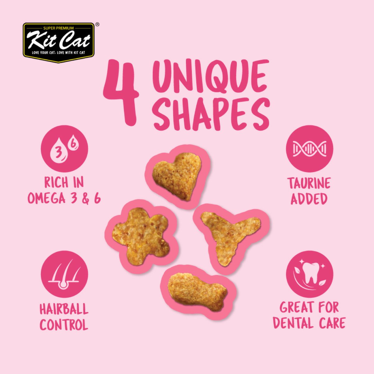 Four Kit Cat Kitty Crunch Tuna treat shapes with taurine Omega 3 and 6 hairball and dental care benefits