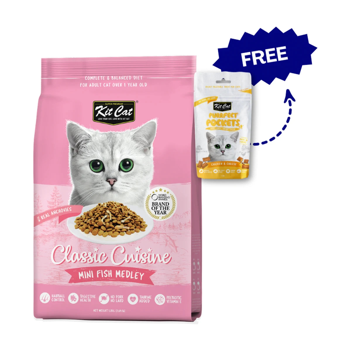 Kit Cat Mini Fish Medley 1.2kg with free Purrfect Pockets Chicken and Cheese cat treats 60g