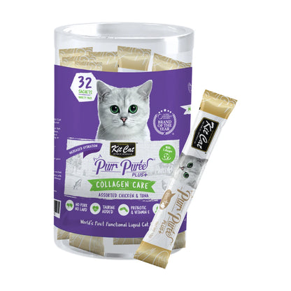 Kit Cat Purr Puree Plus+ Collagen Care mixed cat treats tub with 32 × 15 g sachets, including Chicken and Tuna flavours.