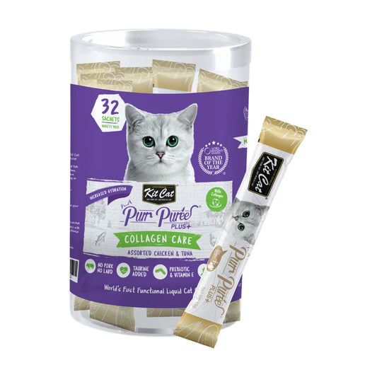 Kit Cat Purr Puree Plus+ Collagen Care mixed cat treats tub with 32 × 15 g sachets, including Chicken and Tuna flavours.