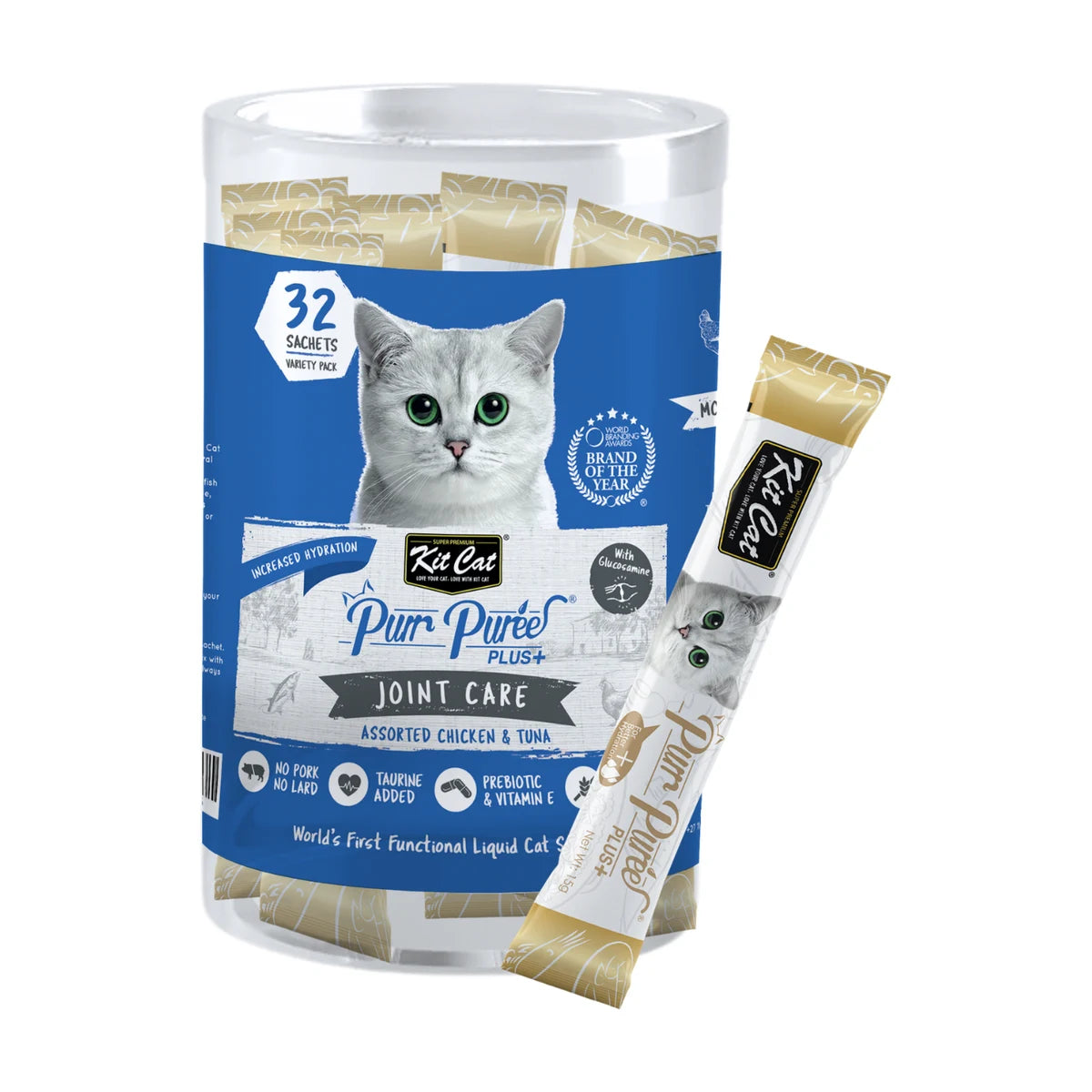 Kit Cat Purr Puree Plus+ Joint Care mixed bulk pack with 32 x 15 g Chicken & Glucosamine and Tuna & Glucosamine liquid cat treat sachets