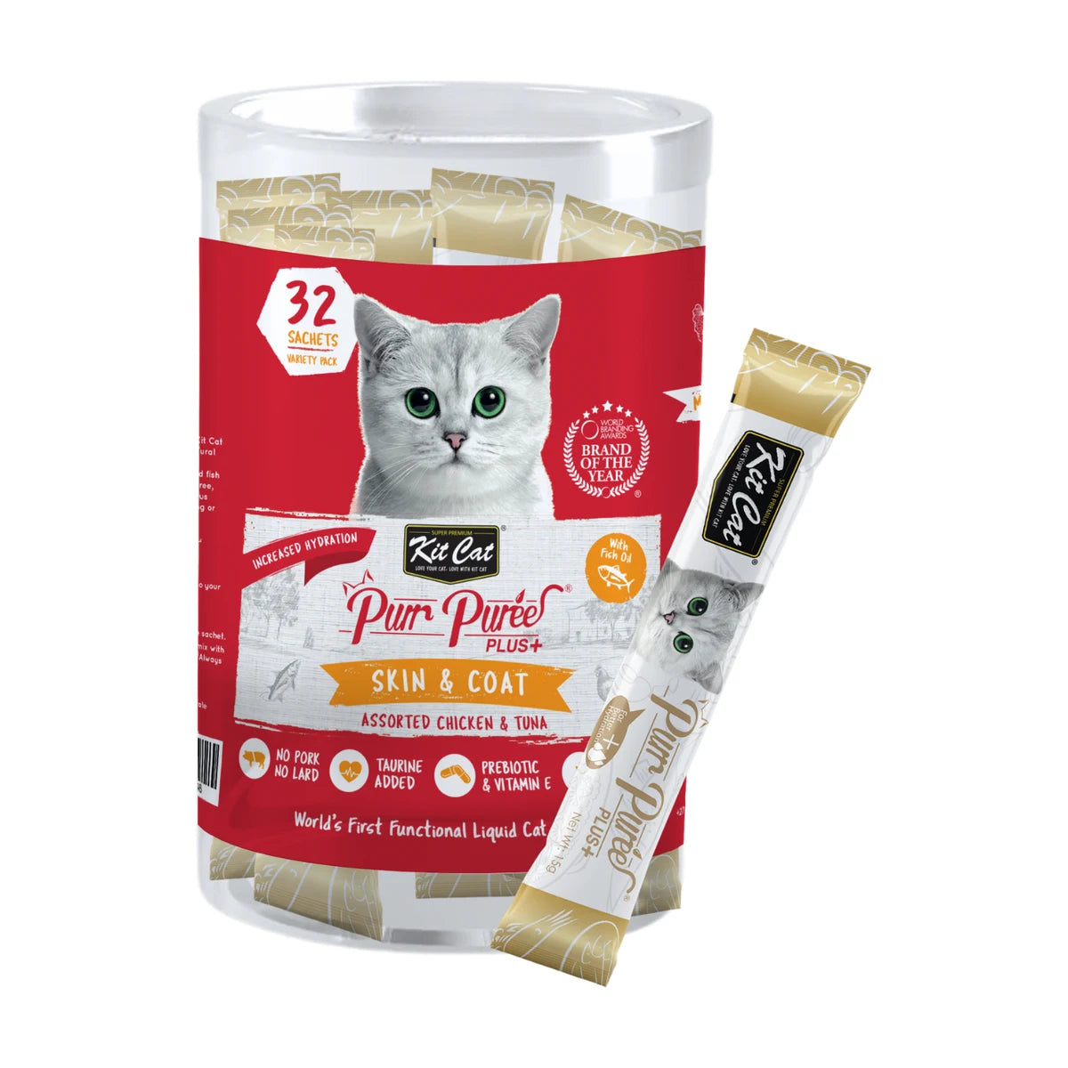 Kit Cat Purr Puree Plus+ Skin & Coat Care mixed cat treats with 32 × 15 g Chicken & Fish Oil and Tuna & Fish Oil sachets.