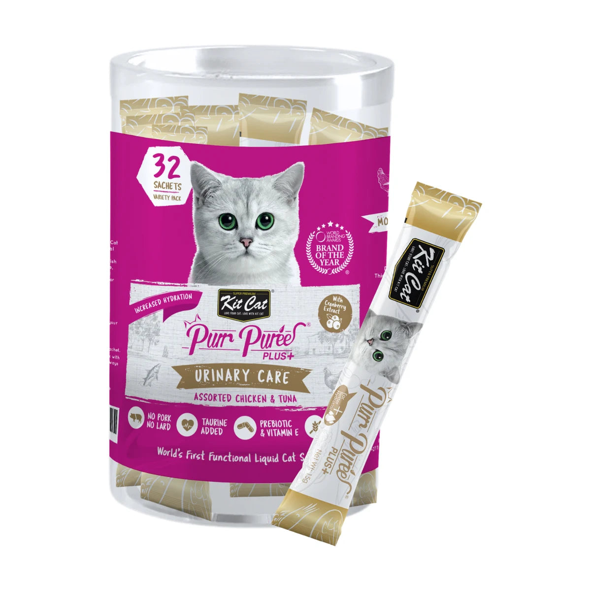 Kit Cat Purr Puree Plus+ Urinary Care mixed bulk pack containing 32 × 15 g Chicken & Cranberry and Tuna & Cranberry lickable cat treat sachets.