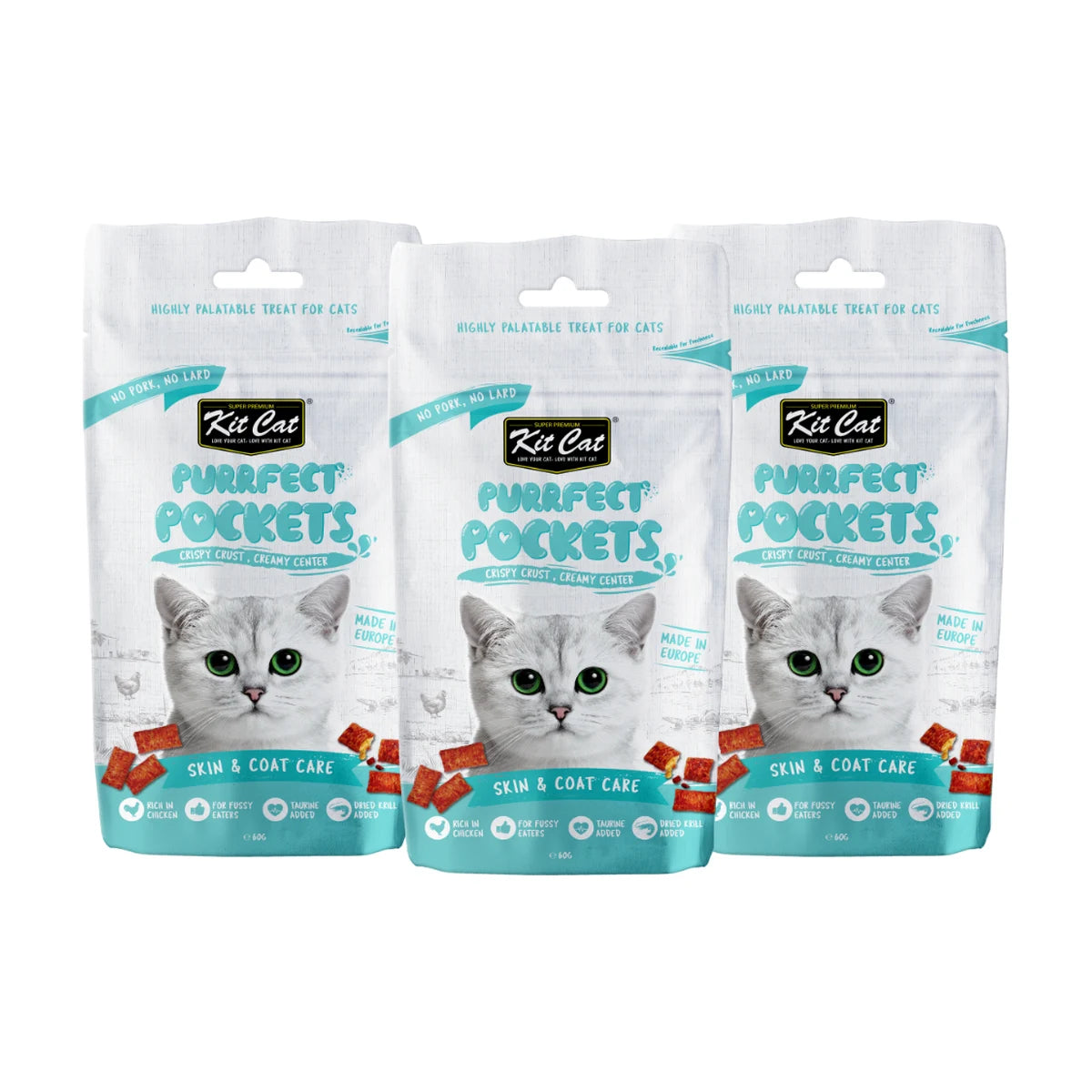 Kit Cat Purrfect Pockets Skin & Coat Care Cat Treats promotional 3 x 60g pack