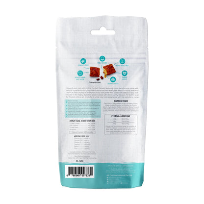 Back of Kit Cat Purrfect Pockets Skin & Coat Care Cat Treats 60g showing ingredients analysis and feeding guide