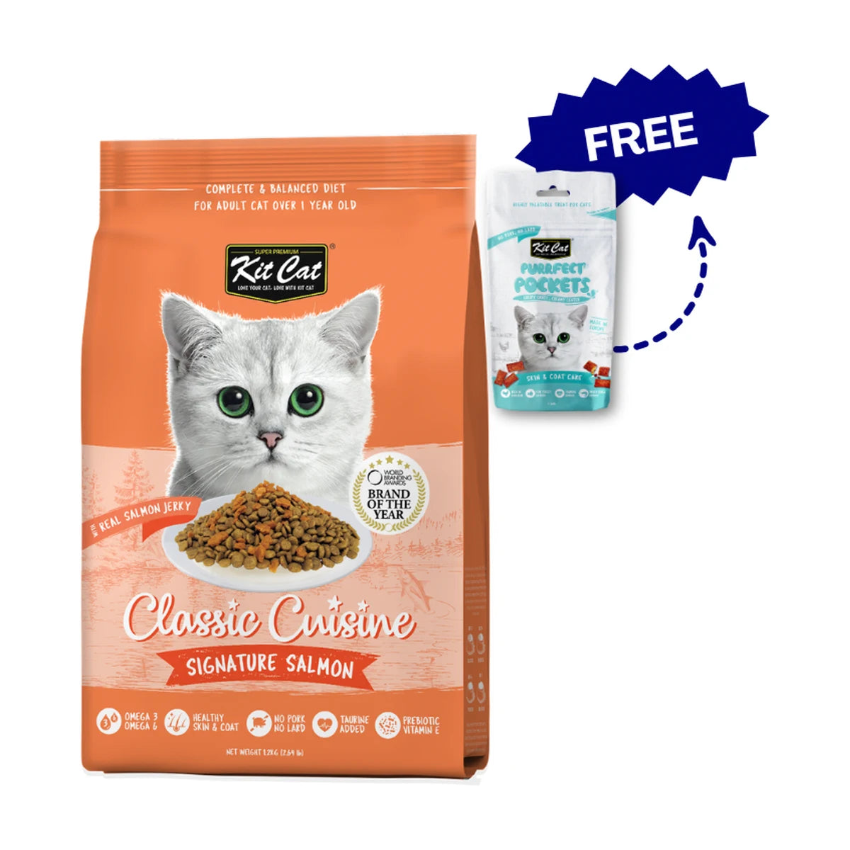 Kit Cat Signature Salmon cat food 1.2kg with free Purrfect Pockets Skin and Coat Care cat treats 60g