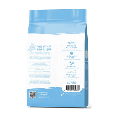 Back packaging of individual Kit Cat Soya Clump Baby Powder Kitten Cat Litter 2.8 kg bag from the 6 pack