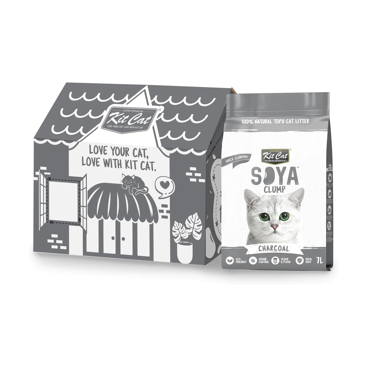 Kit Cat Soya Clump Charcoal Cat Litter 6 x 7 L carton with individual bag