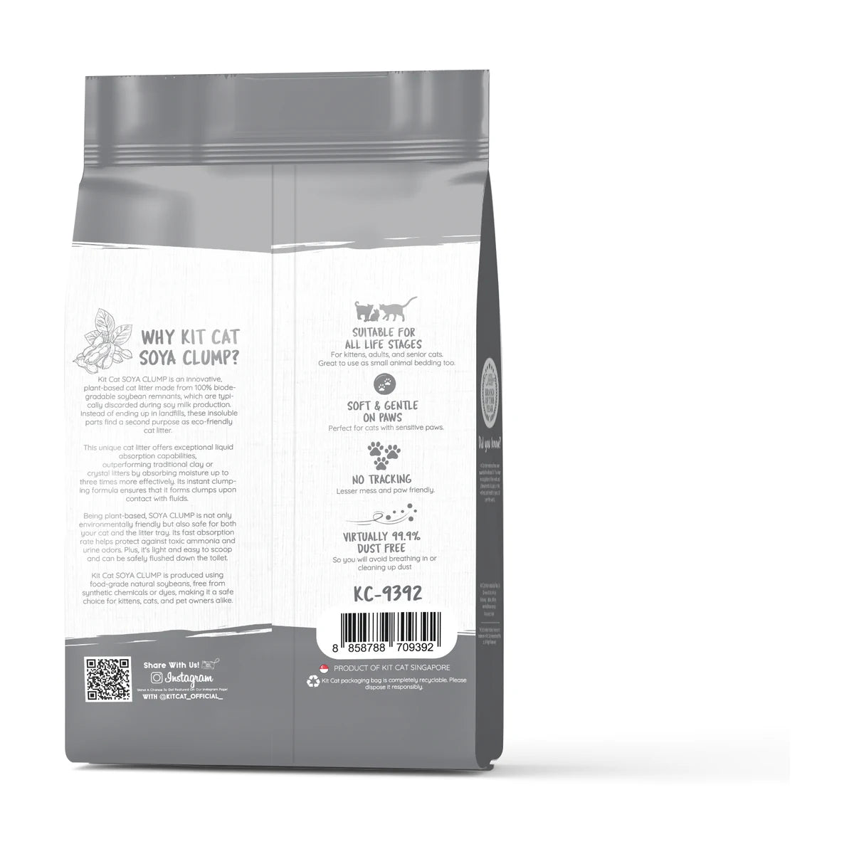 Back packaging of Kit Cat Soya Clump Charcoal Cat Litter 7 L