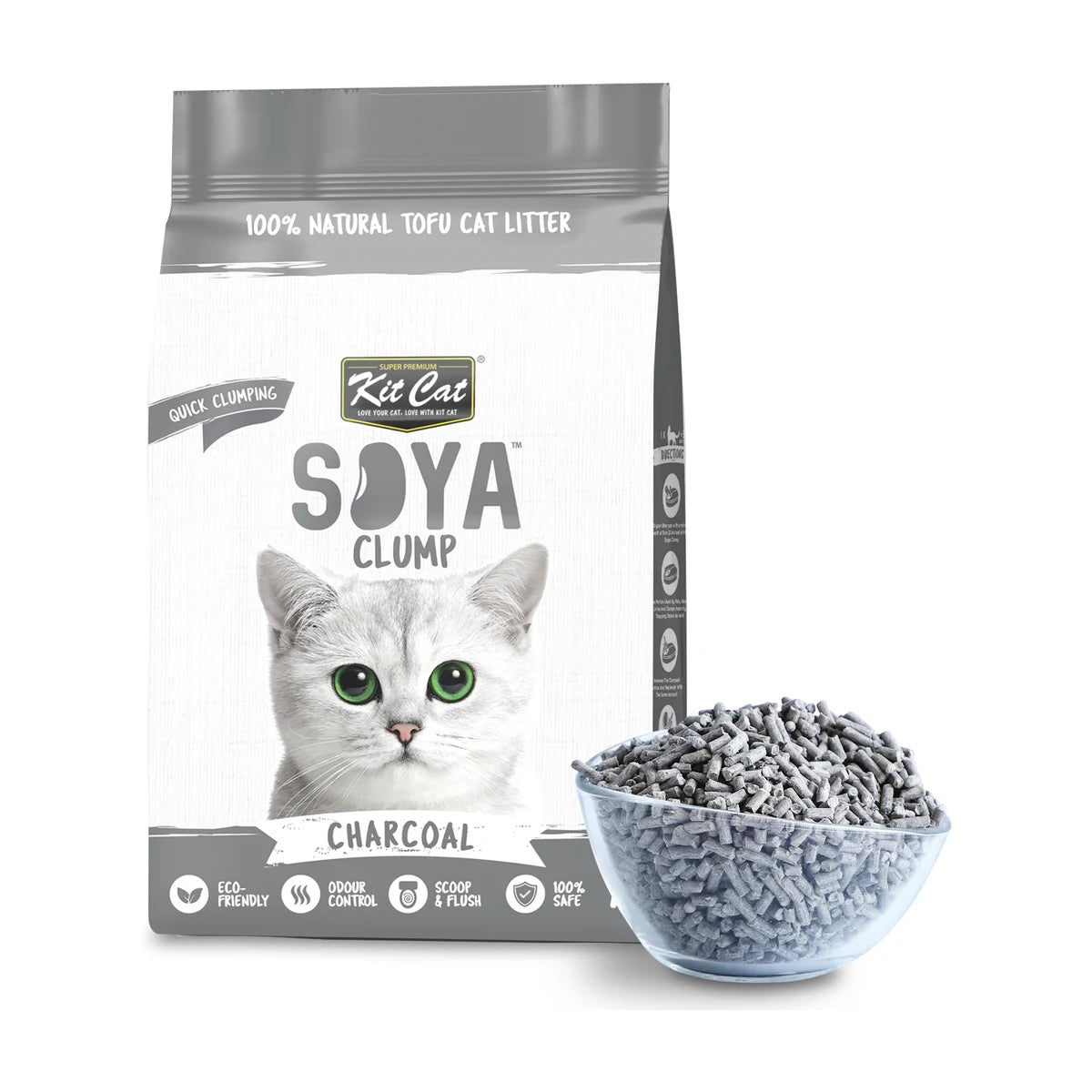 Kit Cat Soya Clump Charcoal Cat Litter 7 L bag with grey litter granules