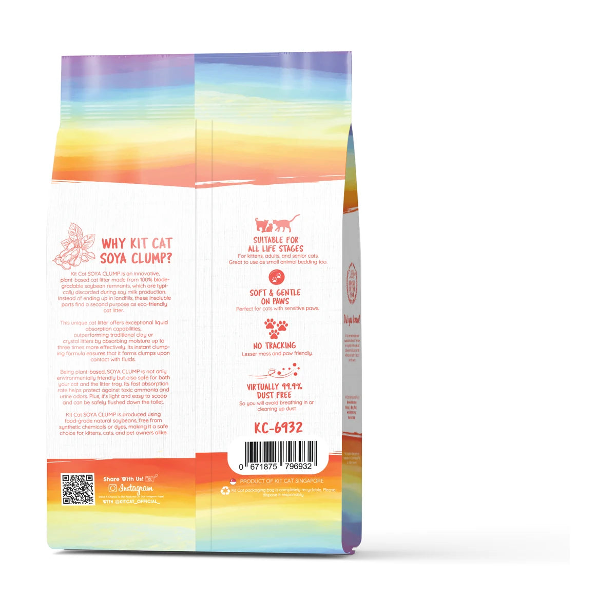 Back packaging of Kit Cat Soya Clump Confetti Cat Litter 7 L