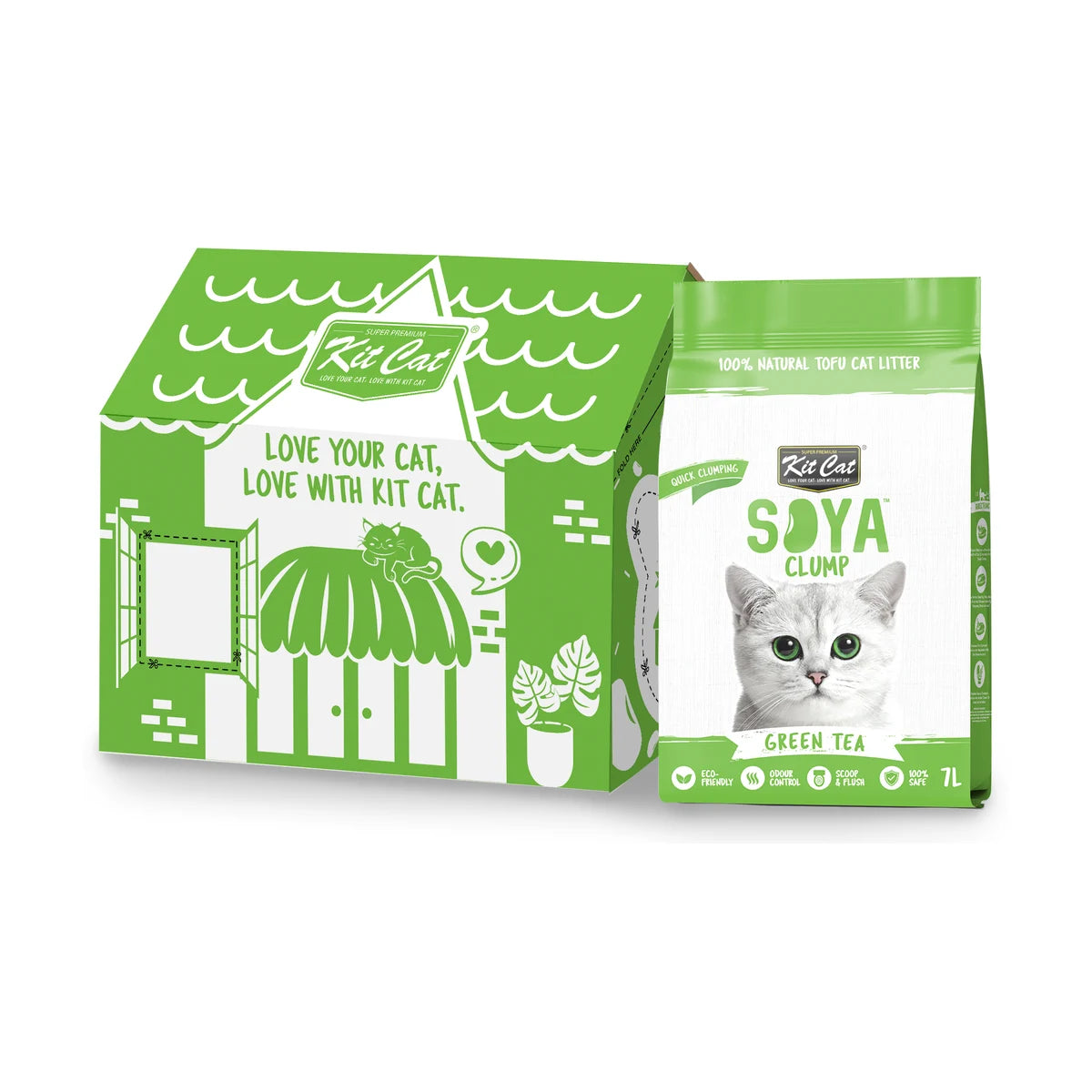 Kit Cat Soya Clump Green Tea Cat Litter 6 x 7 L carton with individual bag