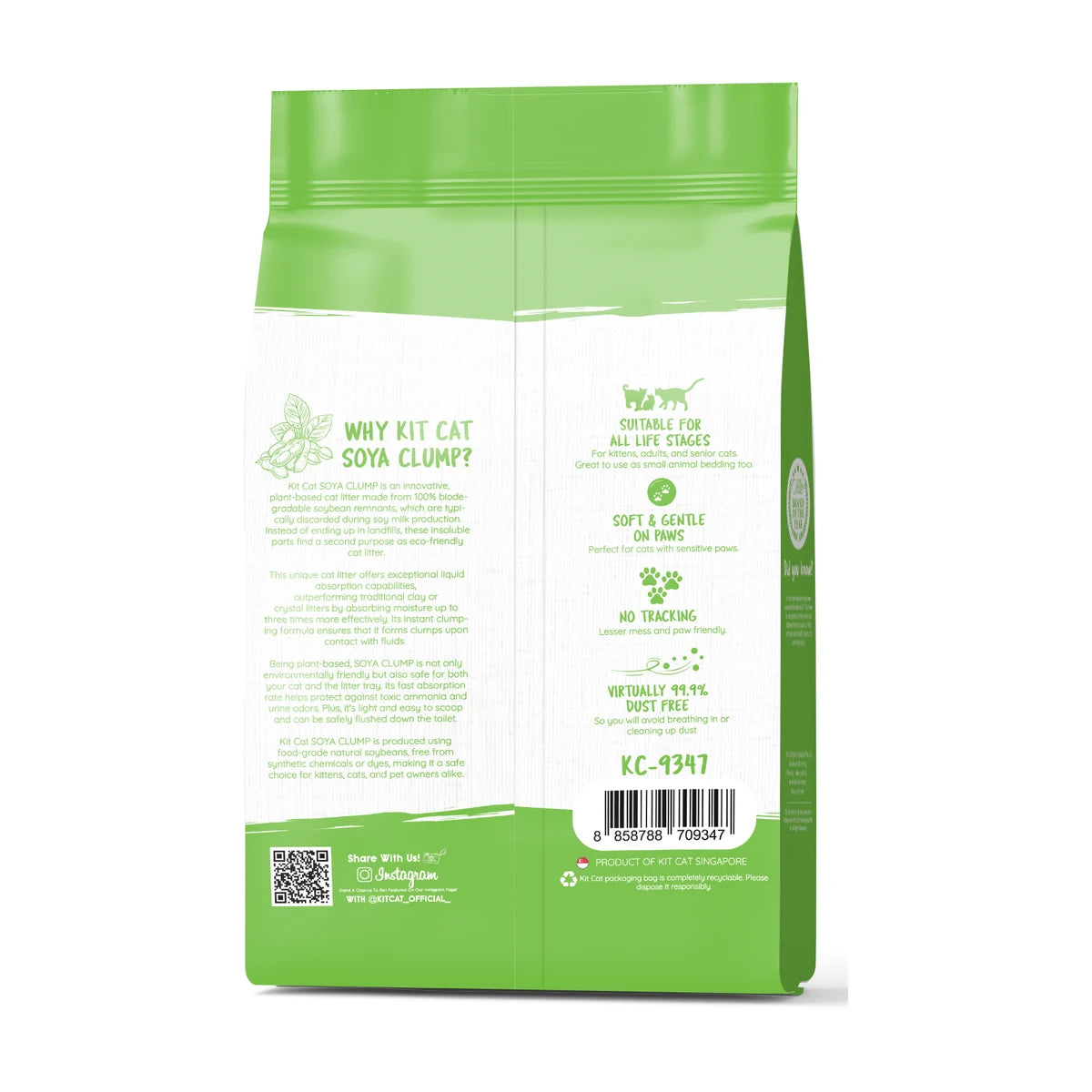 Back packaging of Kit Cat Soya Clump Green Tea Cat Litter 7 L