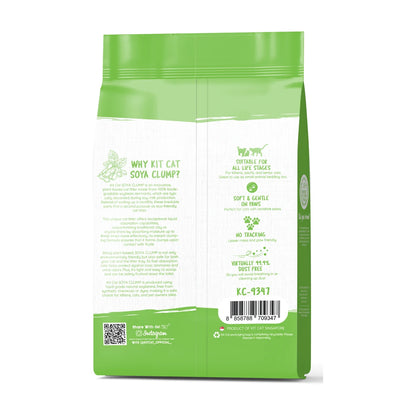 Back packaging of Kit Cat Soya Clump Green Tea Cat Litter 7 L
