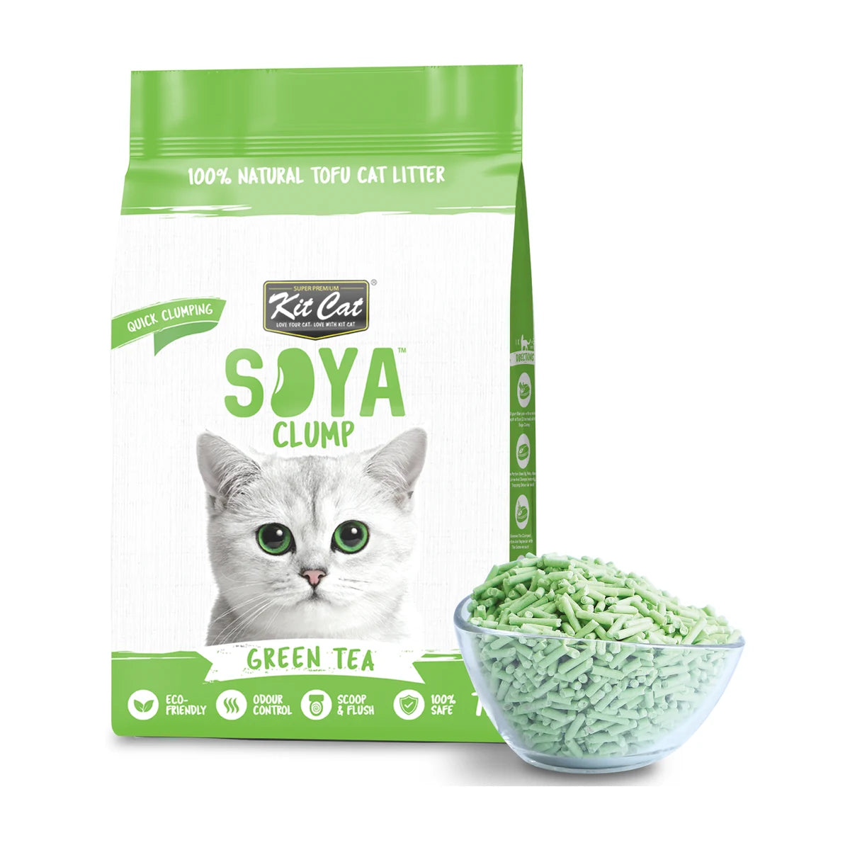 Kit Cat Soya Clump Green Tea Cat Litter 7 L bag with tofu litter shown in a bowl