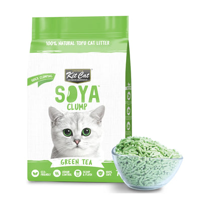 Kit Cat Soya Clump Green Tea Cat Litter 7 L bag with tofu litter shown in a bowl