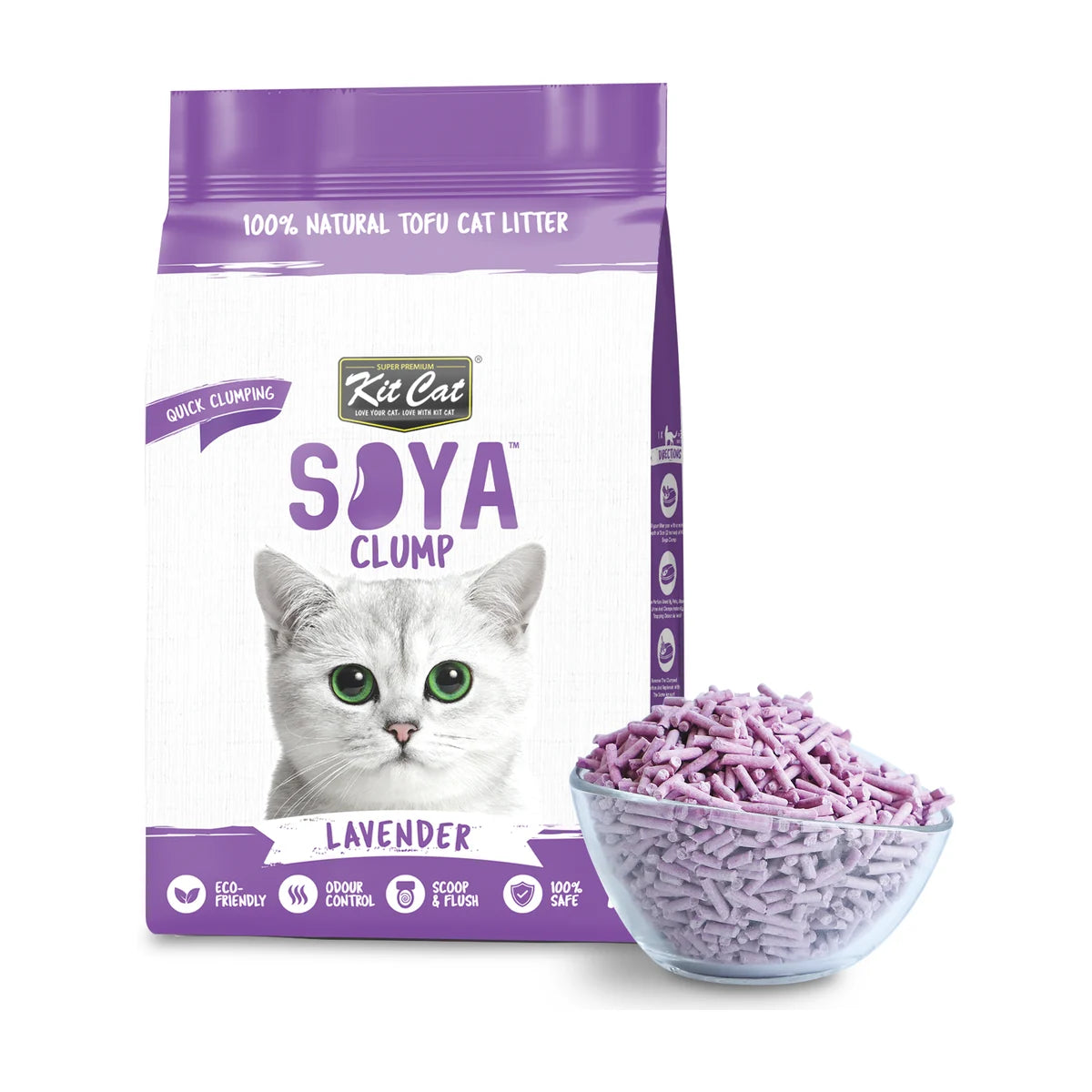 Kit Cat Soya Clump Lavender Cat Litter 7 L bag with purple litter granules