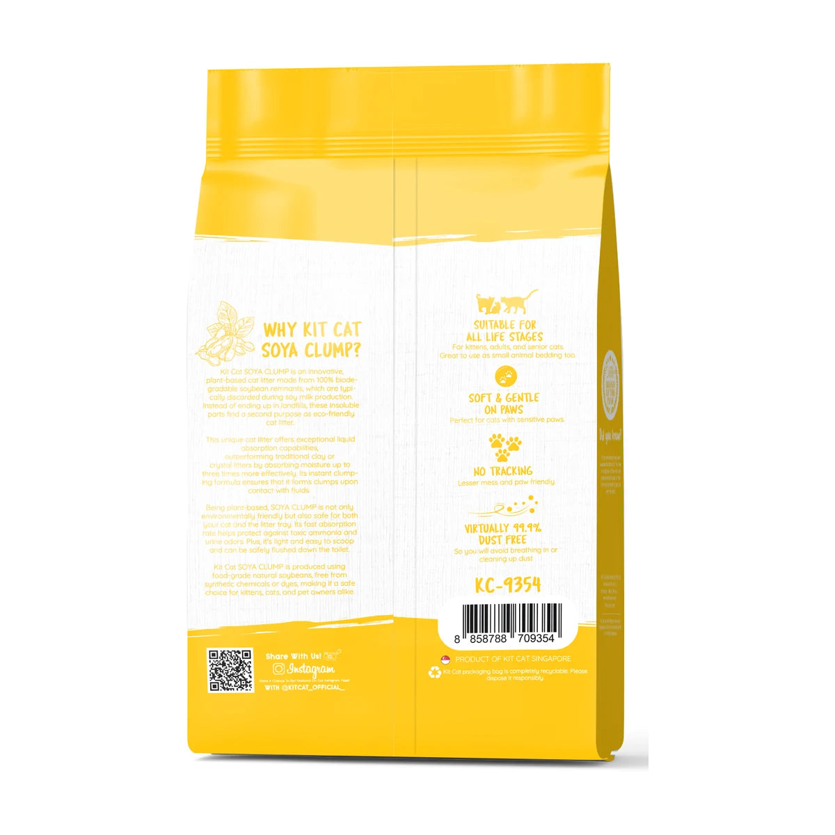 Back of Kit Cat Soya Clump Original cat litter 7 L bag showing product benefits