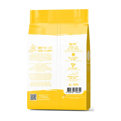 Back of Kit Cat Soya Clump Original cat litter 7 L bag showing product benefits