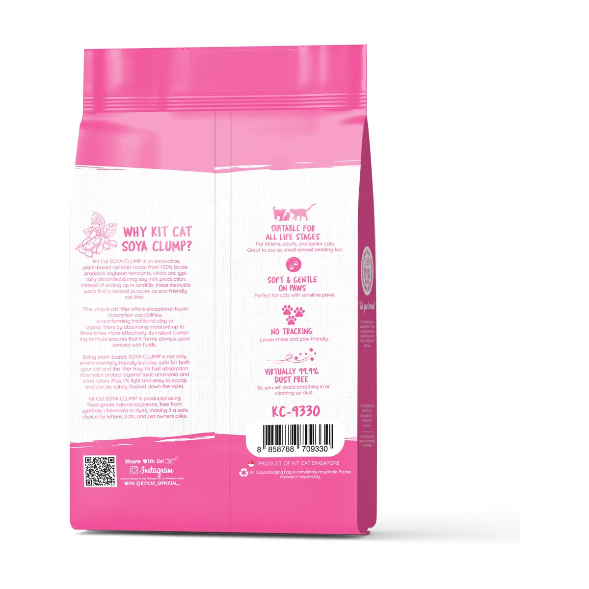 Back packaging of Kit Cat Soya Clump Strawberry Cat Litter 7 L